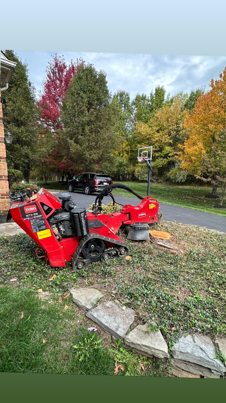 Stump grinder removing a stump in a lawn